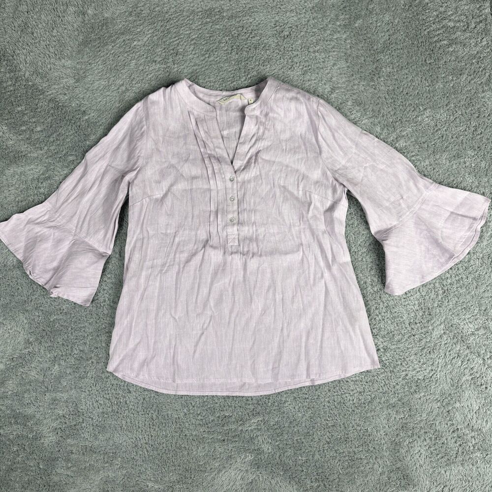 Soft Surroundings Women's Raisa Linen Blend Top M Purple Buttons Bell Sleeve